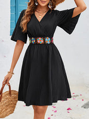 Elasticity Embroidered Pleated Split-Joint A-Line Flared Sleeves V-Neck Mini Dresses