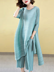 Casual Loose Three-Quarter Sleeves Pleated Solid Color T-Shirt&Pants Two Pieces Set