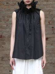 Pleated Solid Color Sleeveless Statement Collar Blouses&shirts Tops