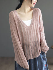 Hollow Solid Color Long Sleeves Loose V-Neck Pullovers