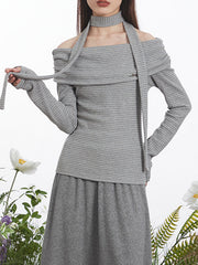 Pleated Split-Joint Striped Long Sleeves Skinny Off-the-shoulder Blouses&shirts Tops