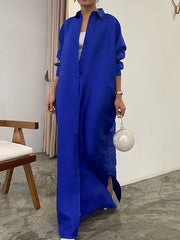 Buttoned Solid Color Split-side Long Sleeves Loose Lapel Shirt Dress Maxi Dresses