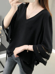 Gauze See-Through Solid Color Split-Joint Long Sleeves Loose V-Neck T-Shirts Tops