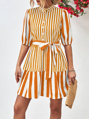 Buttoned Striped Half Sleeves Loose Stand Collar Mini Dresses