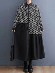 Asymmetric Buttoned Pleated Printed Split-Joint A-Line Long Sleeves Lapel Midi Dresses