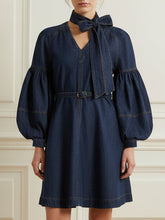 Long Sleeves Puff Sleeves Belted Bow-Embellished Solid Color V-Neck Mini Dresses