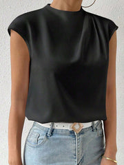 Hollow Pleated Solid Color Loose Sleeveless Mock Neck T-Shirts Tops