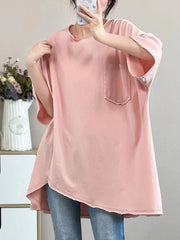 Asymmetric Solid Color Half Sleeves Loose Round-neck T-shirts