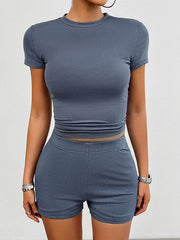 Solid Color Short Sleeves Skinny Round-Neck T-shirt Top + Shorts Bottom Two Pieces Set