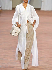 Buttoned Pleated See-Through Solid Color Long Sleeves Puff Sleeves Stand Collar Blouses&Shirts Tops