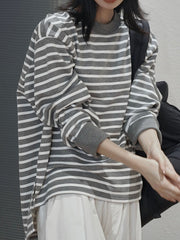 Contrast Color Split-Joint Split-side Striped Long Sleeves Loose Round-neck Sweatshirt Tops
