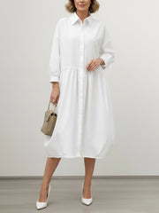 Buttoned Pleated Solid Color Split-Joint Long Sleeves Loose Lapel Midi Dresses
