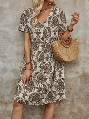 Buttoned Pleated Printed Split-Joint A-Line High Waisted V-Neck Mini Dresses