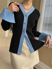Original Long Sleeves Skinny Buttoned Contrast Color V-Neck Cardigan Tops