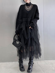Buttoned Pleated Solid Color Split-Joint Tulle Velvet Long Sleeves Loose V-Neck Cardigan Tops
