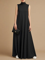 Loose Sleeveless Pockets Solid Color High Neck Maxi Dresses