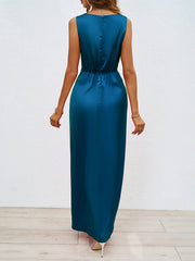 Pleated Split-front Split-Joint Loose Sleeveless V-neck Maxi Dresses