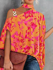 Asymmetric Chains Hollow Printed Batwing Sleeves Loose Asymmetric Collar Blouses&shirts Tops