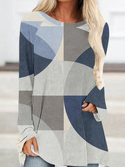 Contrast Color Printed High-Low Long Sleeves Round-Neck T-Shirts Tops