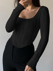 Pleated Solid Color Long Sleeves Skinny Square-Neck T-Shirts