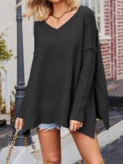 Solid Color Split-Side Batwing Sleeves Long Sleeves V-Neck Sweater Tops Pullovers Knitwear