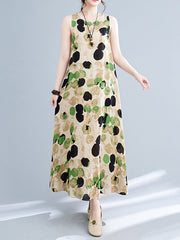 Printed Split-Joint Loose Sleeveless Round-neck Maxi Dresses