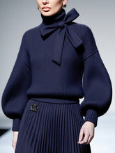 Bowknot Solid Color Split-Joint Loose Puff Sleeves High Neck Sweater Tops