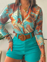 Flower Print Long Sleeves Buttoned Deep V-Neck Shirts Top +Belted Shorts Bottom Two Pieces Set