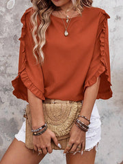 Ruffle Trim Solid Color Loose Three-Quarter Sleeves Round-Neck T-Shirts Tops