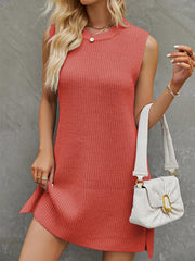 Solid Color Split-Side Tied Waist A-Line Loose Round-Neck Sweater Dresses Mini Dresses