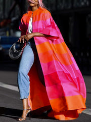 Contrast Color Striped Loose Short Sleeves Outerwear
