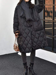 Pockets Rhombic Split-Joint Long Sleeves Loose V-Neck Down Coat