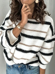 Striped Long Sleeves Loose Round-Neck Sweater Tops Pullovers Knitwear