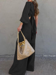Solid Color One-Shoulder Long Sleeves Loose Asymmetric Elasticity Knot Pleated Shirts Top + Pants Bottom Two Pieces Set