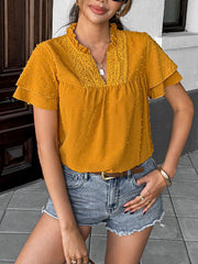 Jacquard Pleated Solid Color Loose Ruffle Sleeves V-Neck Blouses&Shirts Tops