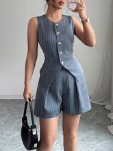 Striped Sleeveless Buttoned V-Neck Vest Top + Pleated Pockets Shorts Bottom Two Pieces Set