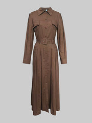 Loose Puff Sleeves Pleated Solid Color Split-Joint Lapel Maxi Dresses Shirt Dress