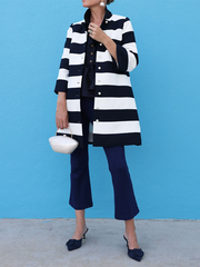 Loose Three-Quarter Sleeves Buttoned Striped Round-Neck Outerwear