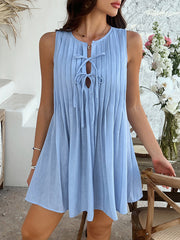 A-Line Loose Pleated Solid Color Tied Round-Neck Mini Dresses Vest Top