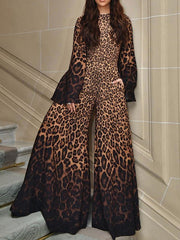 Leopard Printed Flared Sleeves Long Sleeves Round-Neck Jumpsuits