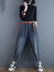 Artistic Retro Loose Velvet Elasticity Belted Jean Pants