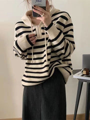 Contrast Color Drawstring Velvet Hooded Long Sleeves V-Neck Sweater Tops Pullovers