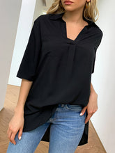 Pleated Solid Color Split-Joint Split-Side Half Sleeves Loose Lapel Blouses&Shirts Tops
