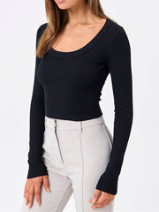 Solid Color Split-Joint Long Sleeves Skinny Round-Neck T-Shirts