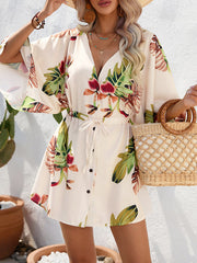 Buttoned Drawstring Leaves Print A-Line Half Sleeves V-Neck Mini Dresses
