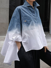 Gradient Printed Split-Joint Split-side High-low Loose Lapel Blouses&shirts Tops