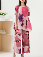 Original Loose Short Sleeves Contrast Color Printed Round-Neck T-Shirt Tops&Wide Legs Pants Two Pieces Set