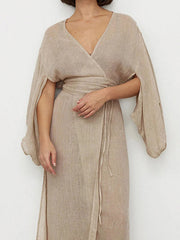 See-Through Solid Color Split-Side Tied Waist Loose Three-Quarter Sleeves V-Neck Midi Dresses