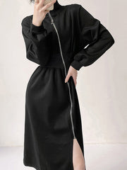 Asymmetric Split-Front Zipper Long Sleeves High Neck Midi Dresses