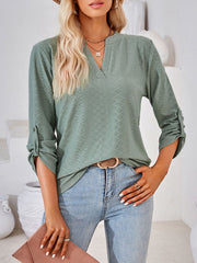 Jacquard Solid Color Loose Three-Quarter Sleeves V-Neck T-Shirts